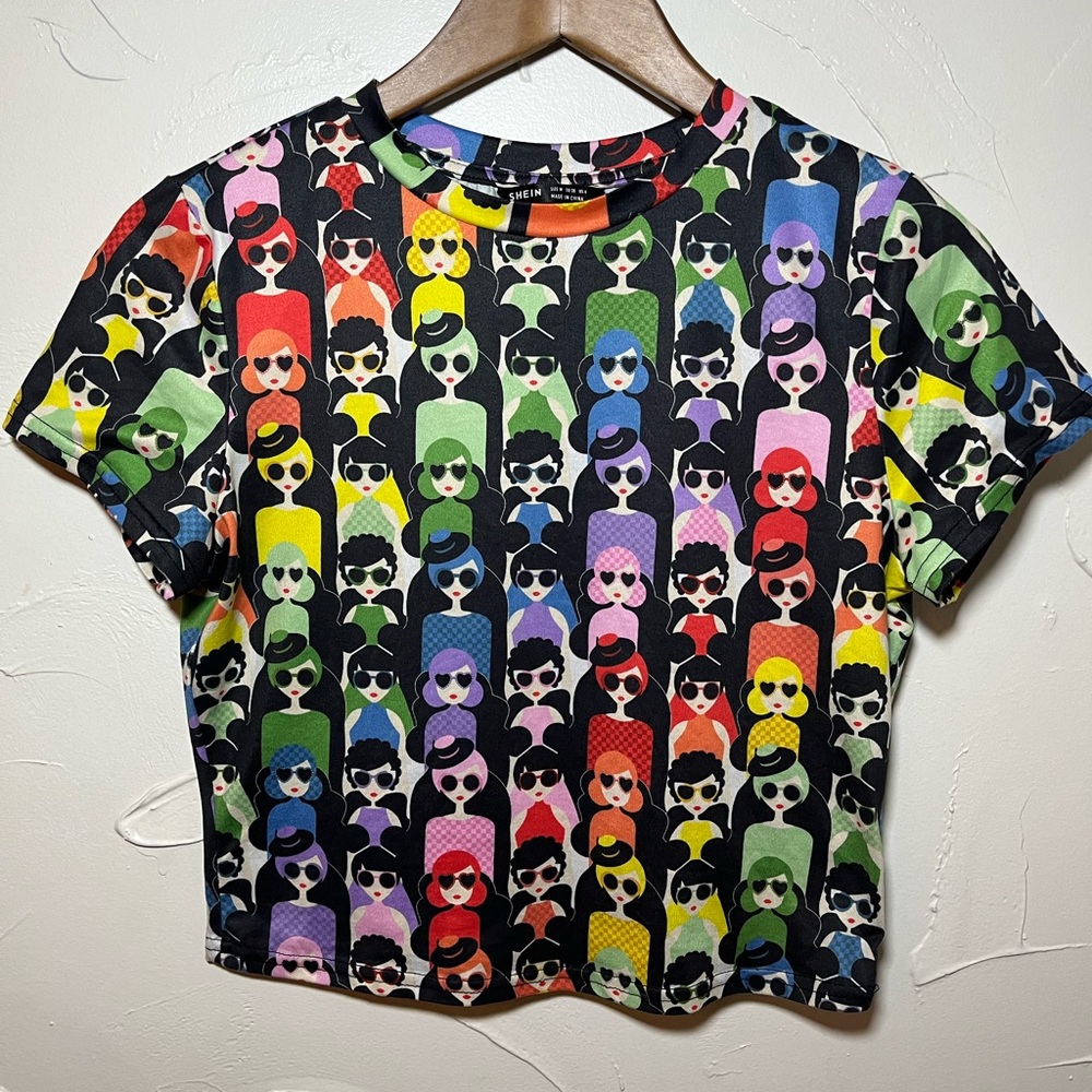 SHEIN Colorful Graphic Polyester Crop Top SZ S